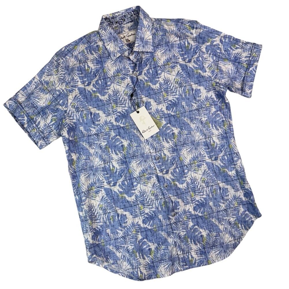Robert Graham NWT Men's Linen Blend SS Button Up Shirt Blue Tropical Small $198